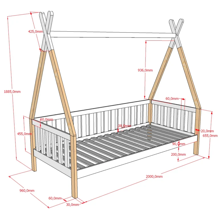Lit tipi barrière 90x200 sommier inclus Vipack - Bois et blanc