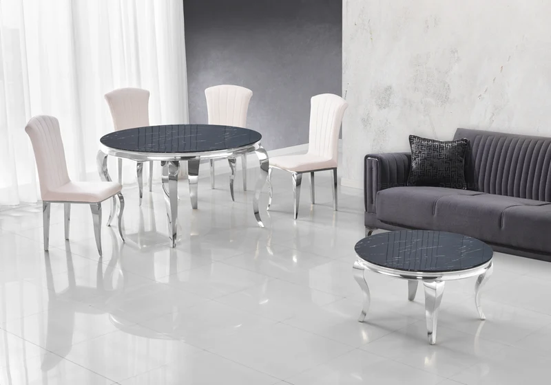 Table basse ronde marbre noir pieds argent - Neo