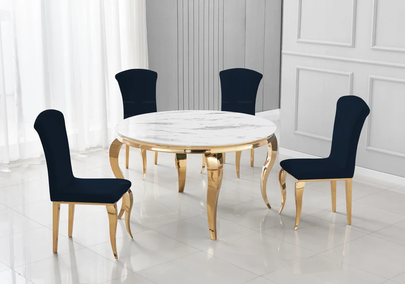 Table ronde marbre blanc et 4 chaises velours or – Neo