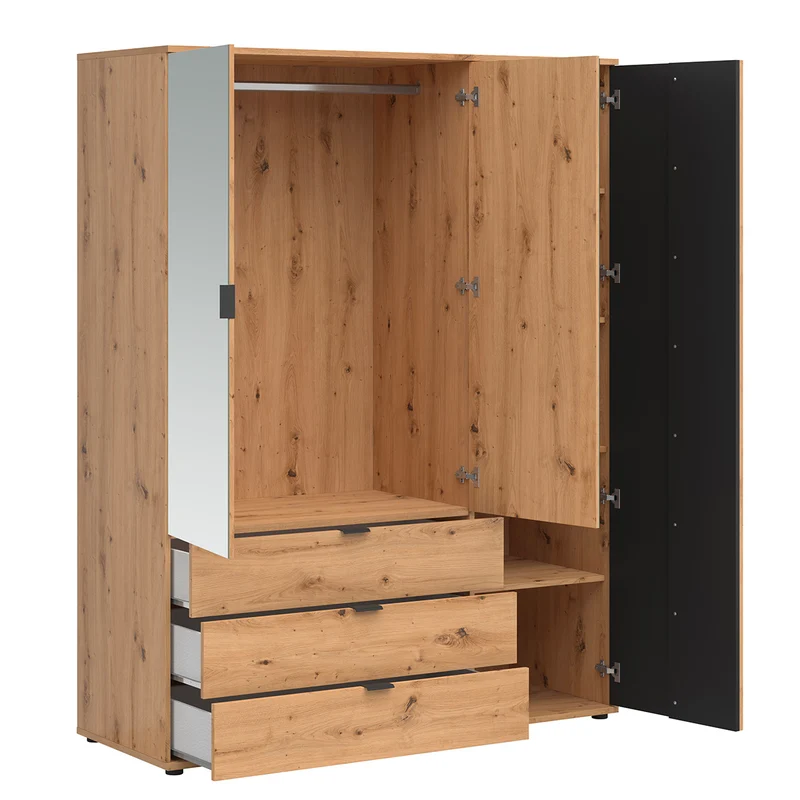 Armoire 3 portes 3 tiroirs Ezra Bois et Noir