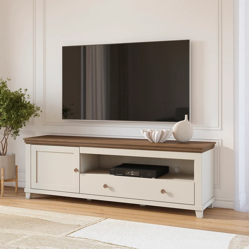 Meuble TV 1 porte 1 tiroir 181 cm Martin Beige et Bois