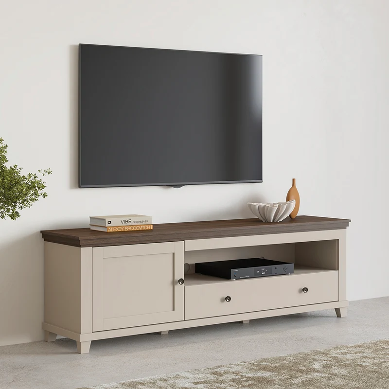 Meuble TV 1 porte 1 tiroir 181 cm Martin Beige et Bois