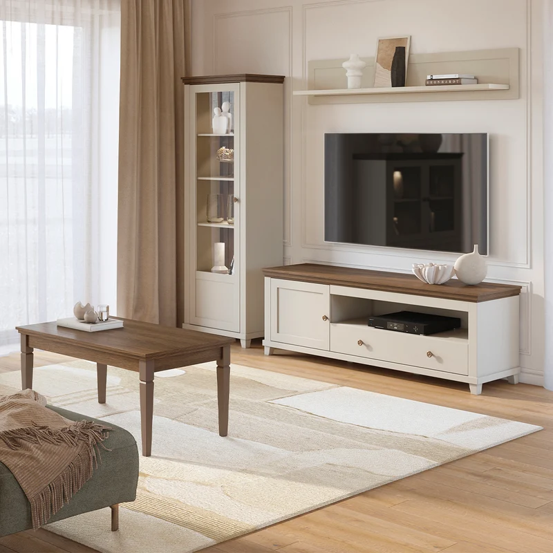 Meuble TV 1 porte 1 tiroir 181 cm Martin Beige et Bois