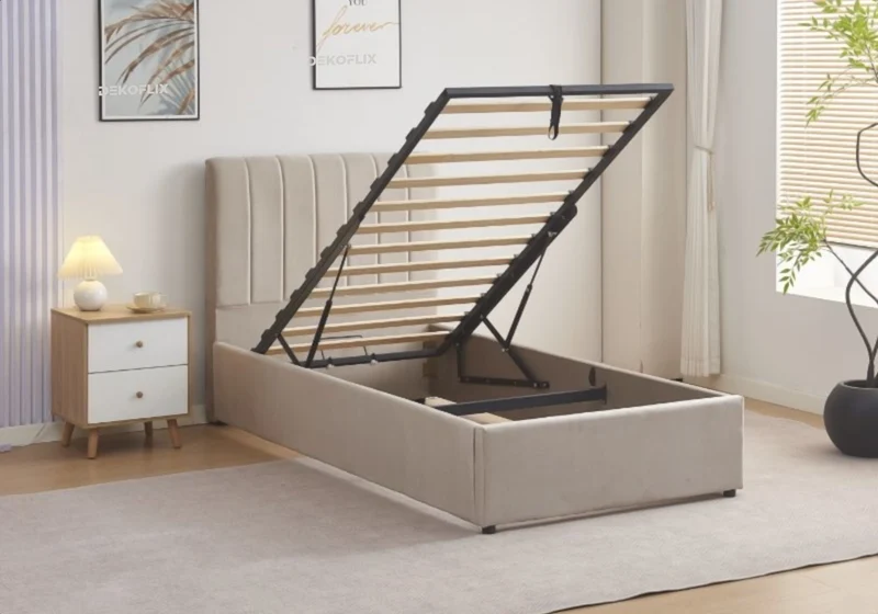 Lit coffre 90x190 velours taupe avec sommier - Onora