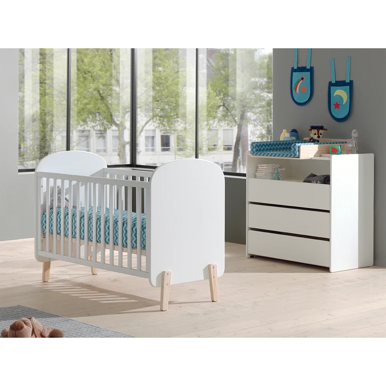 Lit bébé 60x120 Sommier Inclus, Commode 3 tiroirs et Plan à langer Vipack Kiddy - Blanc