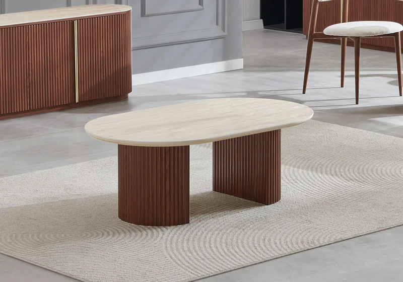Table basse ovale travertin noyer cannelée - Terra