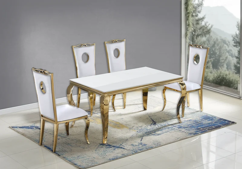 Ensemble table verre blanc et 4 chaises or – Neo