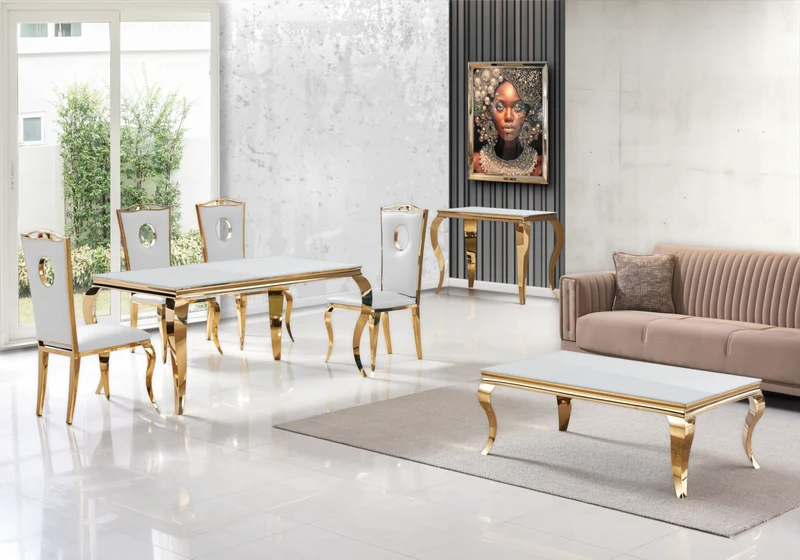 Ensemble table verre blanc et 4 chaises or – Neo