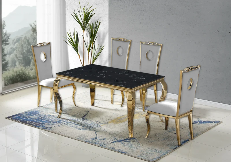 Ensemble table marbre noir et 4 chaises or – Neo