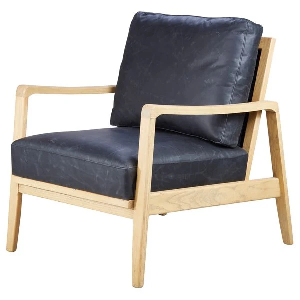 Fauteuil cuir noir pieds frêne naturel
