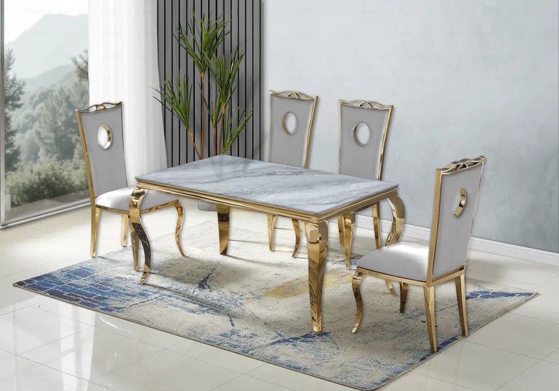 Ensemble table marbre gris et 4 chaises or – Neo
