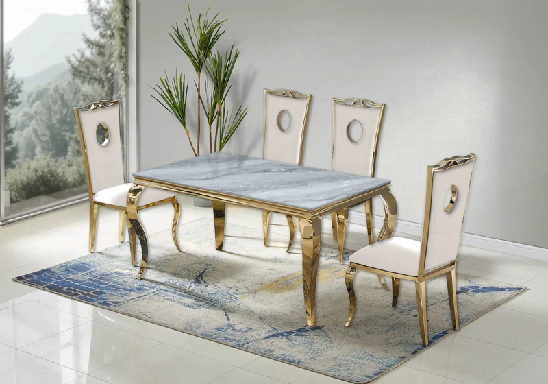 Ensemble table marbre gris et 4 chaises or – Neo
