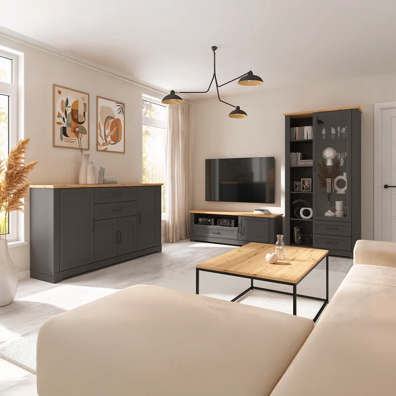 Vaisselier bas 1 porte 2 tiroirs Charlie Gris Anthracite