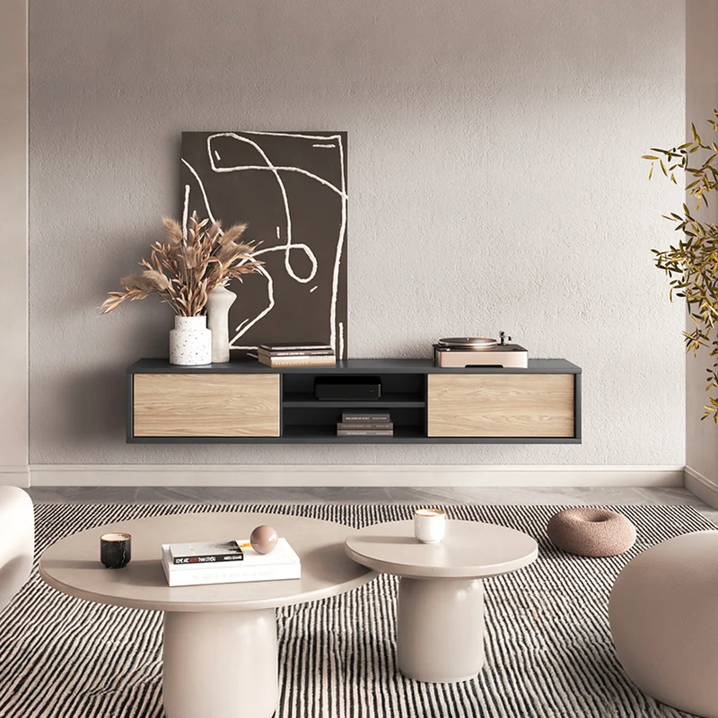 Meuble TV mural 2 portes 180 cm Idra Gris et Bois