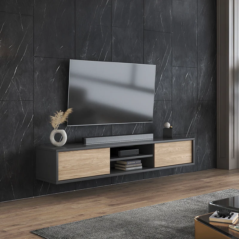 Meuble TV mural 2 portes 180 cm Idra Gris et Bois