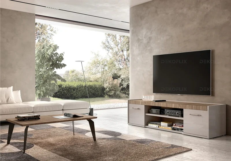 Meuble TV 174 cm bois corde et plateau noyer design - Nora