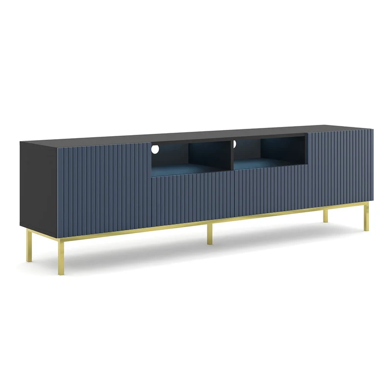 Meuble TV 2 portes 2 tiroirs 200 cm LED Philaé Bleu et Noir