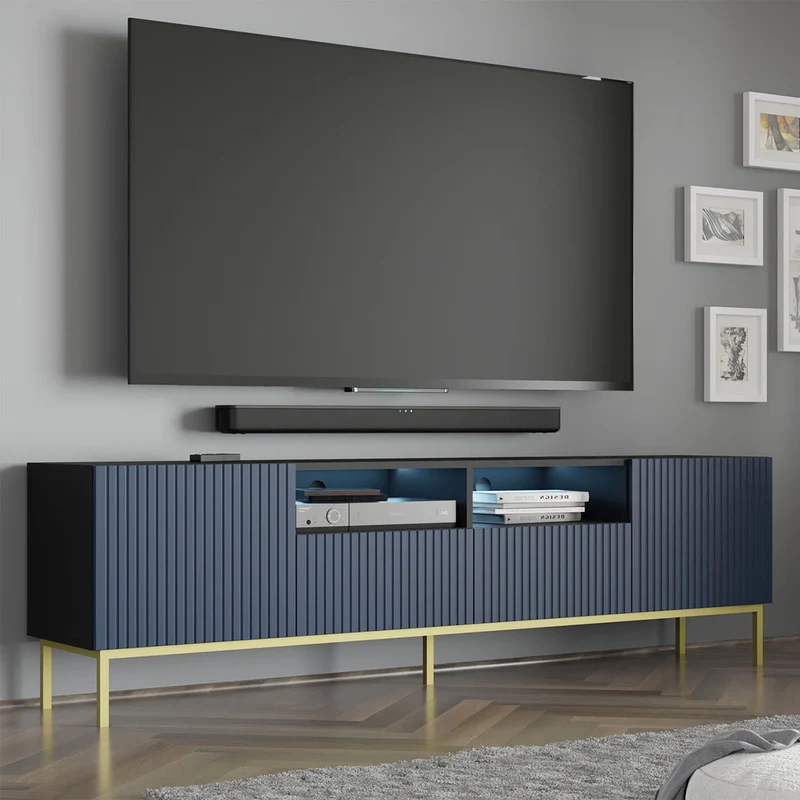 Meuble TV 2 portes 2 tiroirs 200 cm LED Philaé Bleu et Noir