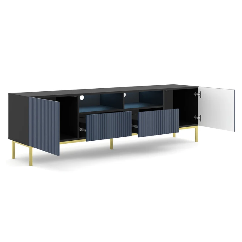 Meuble TV 2 portes 2 tiroirs 200 cm LED Philaé Bleu et Noir