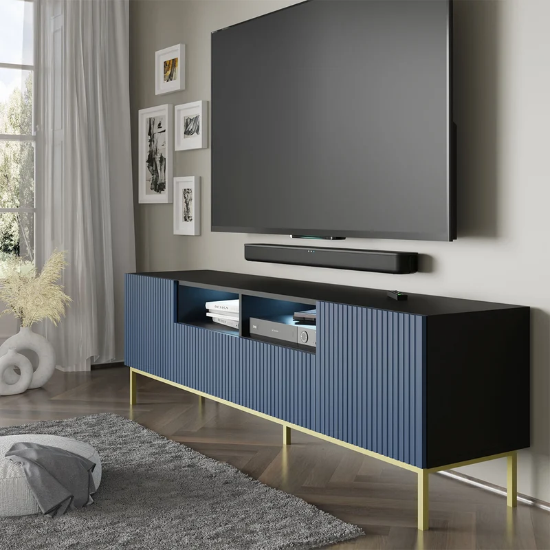 Meuble TV 2 portes 2 tiroirs 200 cm LED Philaé Bleu et Noir