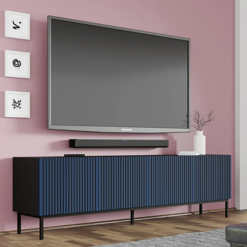 Meuble TV 4 portes 200 cm Philaé Bleu et Noir