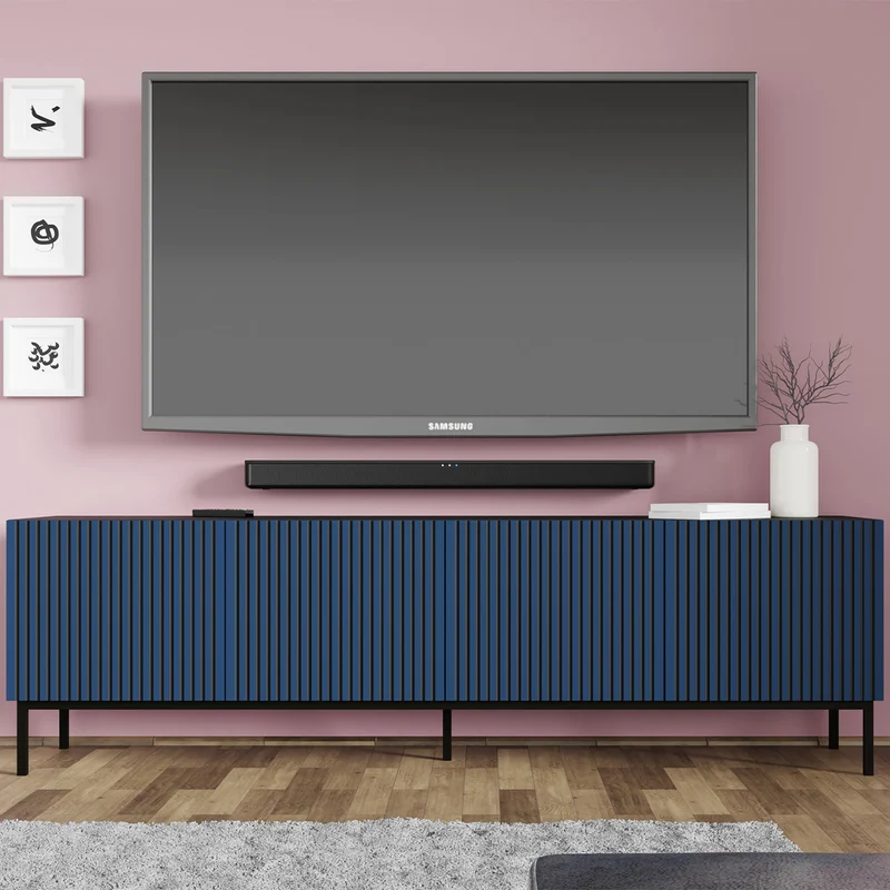 Meuble TV 4 portes 200 cm Philaé Bleu et Noir
