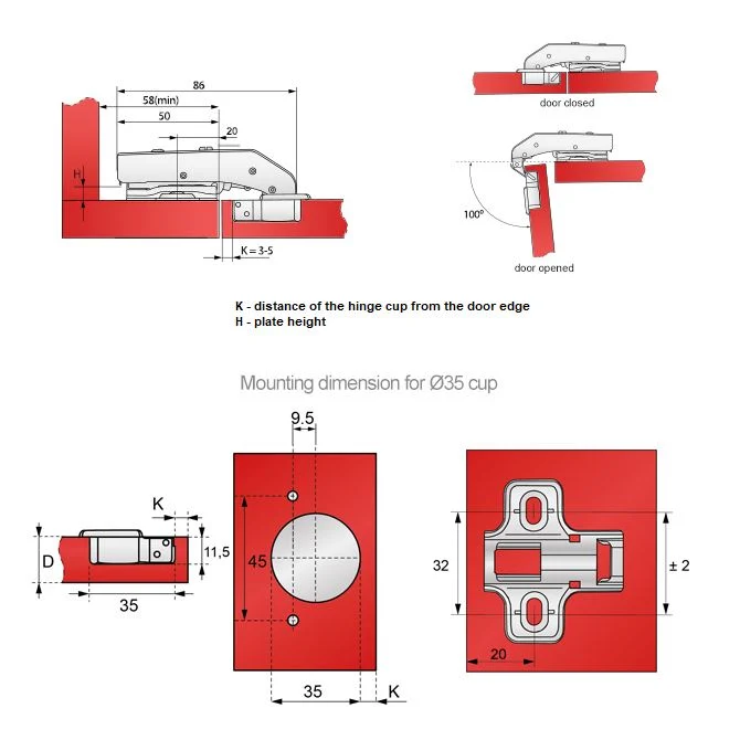 Charnière fermeture silencieuse, H2 plaque de montage avec vis EURO, portes parallèles