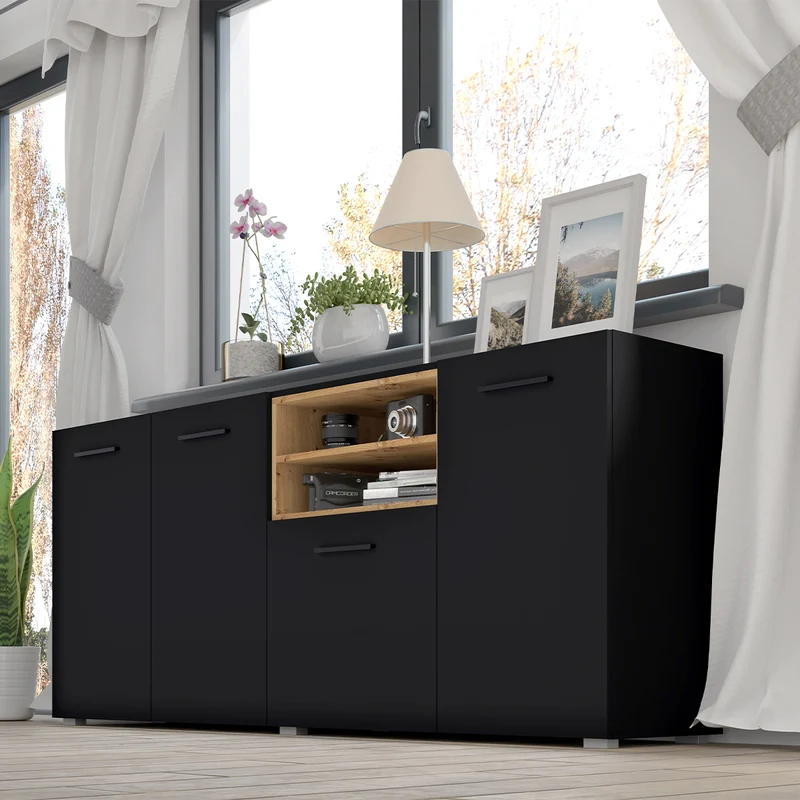 Buffet 4 portes Ania Noir et Bois