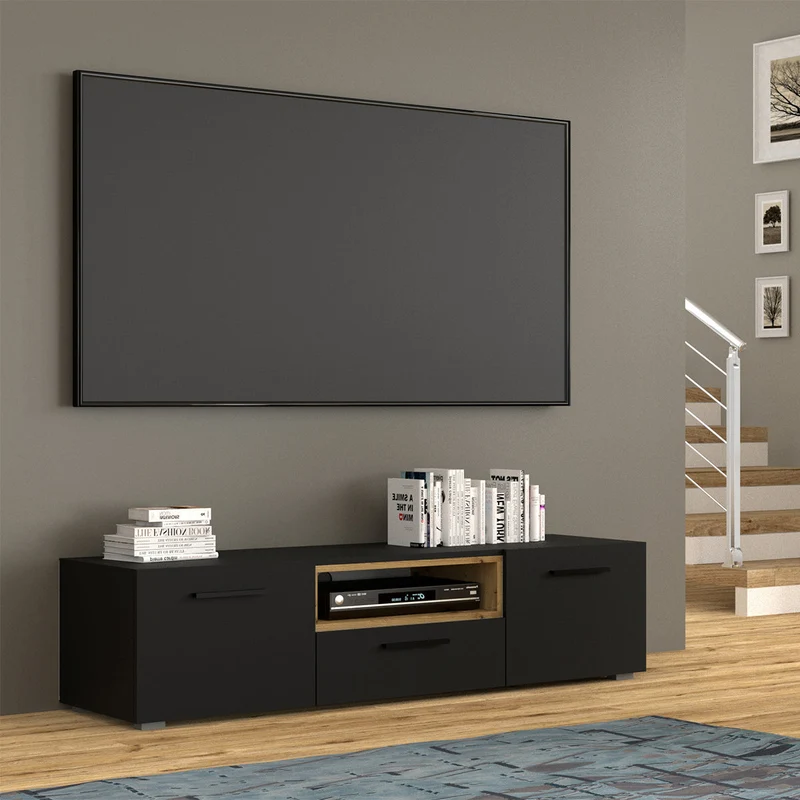 Meuble TV 3 portes 151 cm Ania Noir et Bois