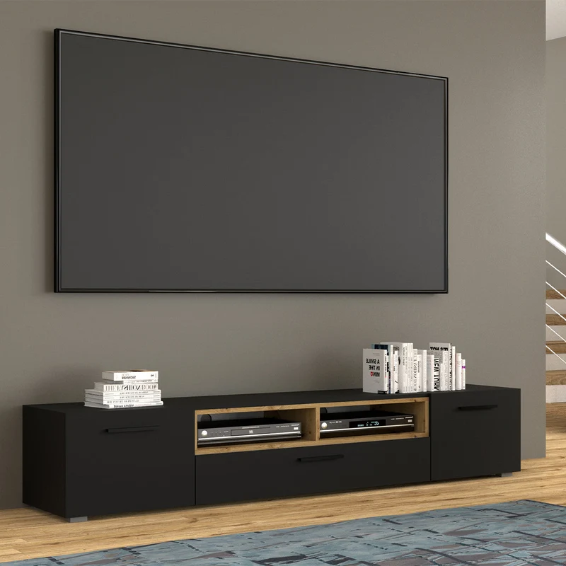 Meuble TV 3 portes 198 cm Ania Noir et Bois