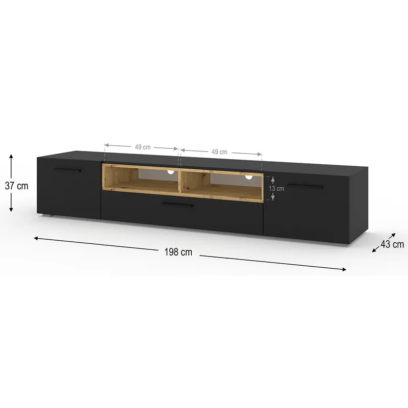 Meuble TV 3 portes 198 cm Ania Noir et Bois