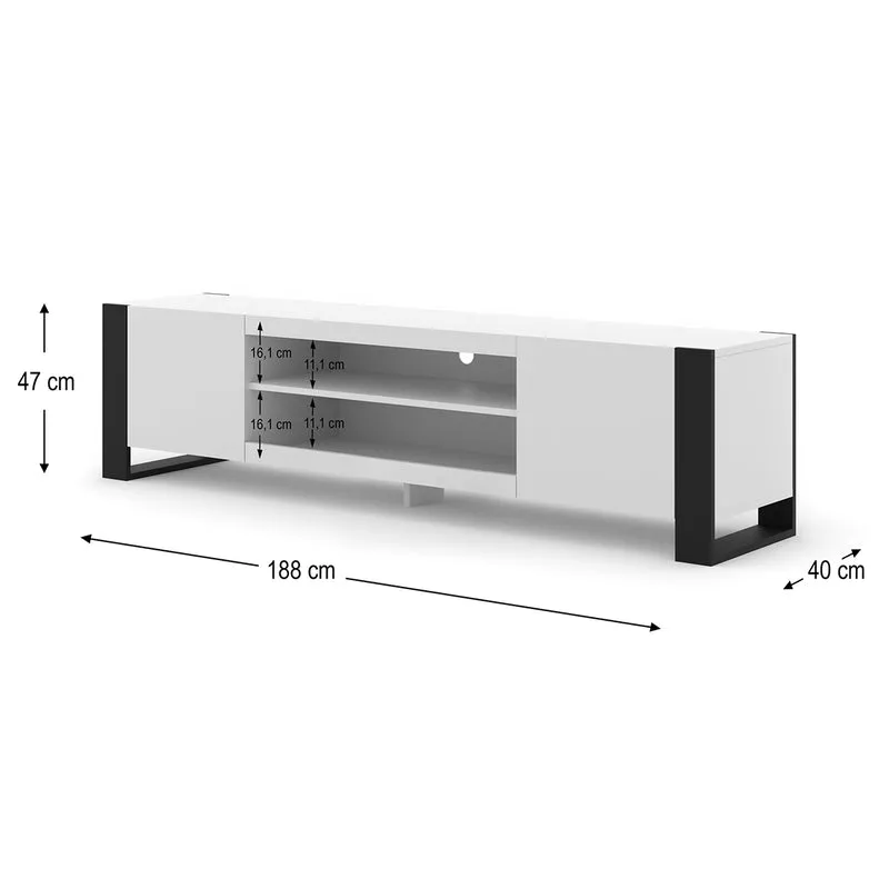 Meuble TV 2 portes 188 cm Gani Blanc et Noir