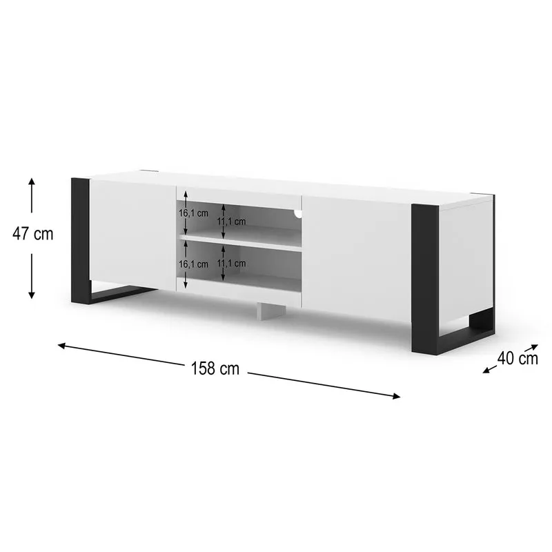 Meuble TV 2 portes 158 cm Gani Blanc et Noir