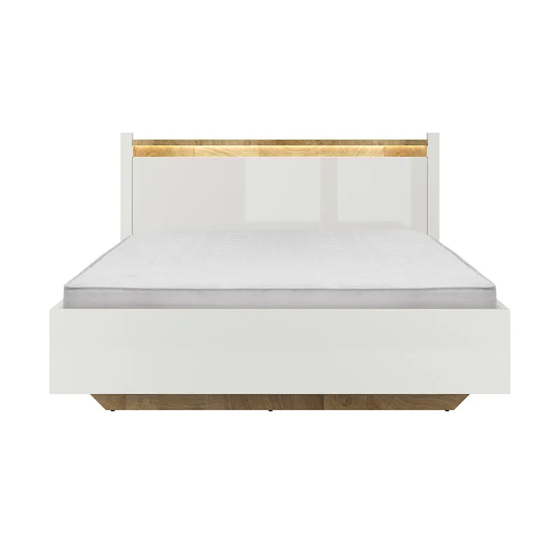 Lit coffre 140x200 sommier inclus avec LED Helios Blanc laqué et Bois
