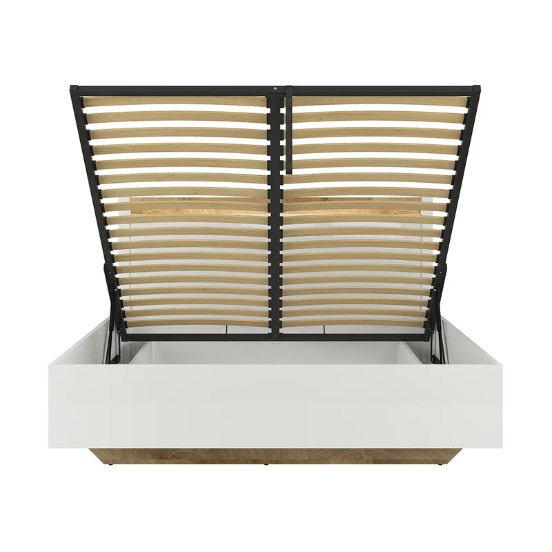 Lit coffre 140x200 sommier inclus avec LED Helios Blanc laqué et Bois