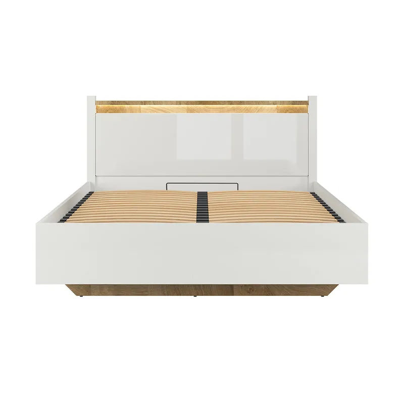 Lit coffre 140x200 sommier inclus avec LED Helios Blanc laqué et Bois