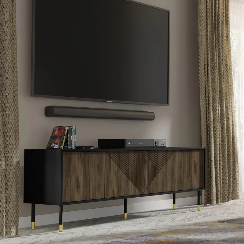 Meuble TV 4 portes 180 cm Aglaé Bois et Noir