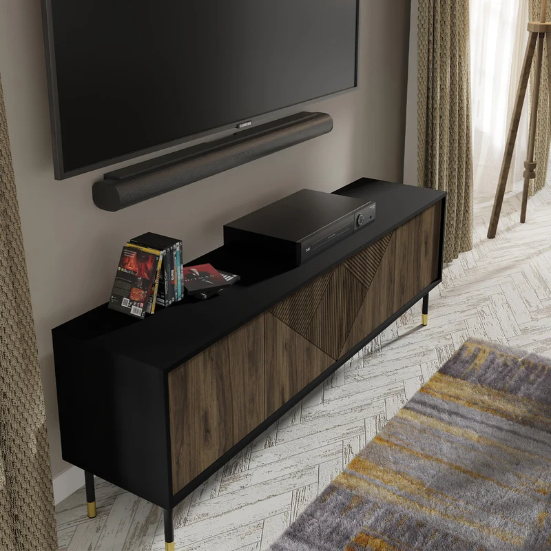 Meuble TV 4 portes 180 cm Aglaé Bois et Noir