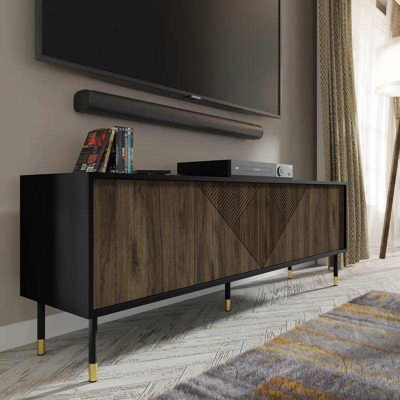 Meuble TV 4 portes 180 cm Aglaé Bois et Noir