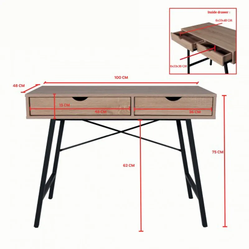 Bureau 2 tiroirs Parker Bois blanchi et Noir