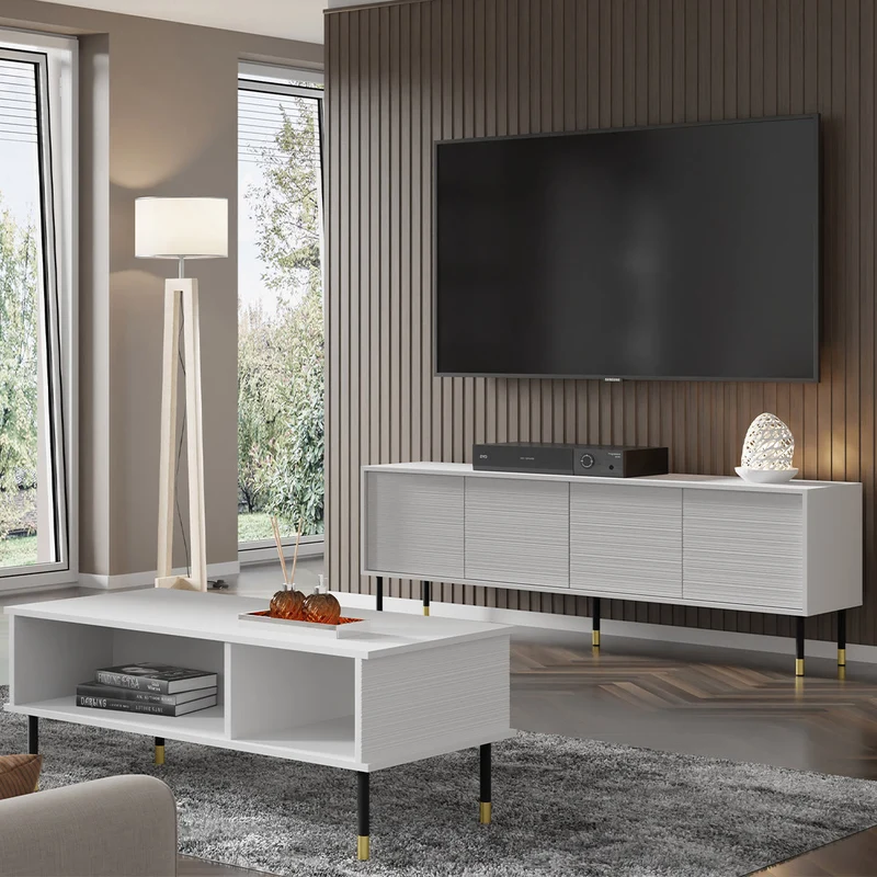 Meuble TV 4 portes 180 cm Rani Blanc