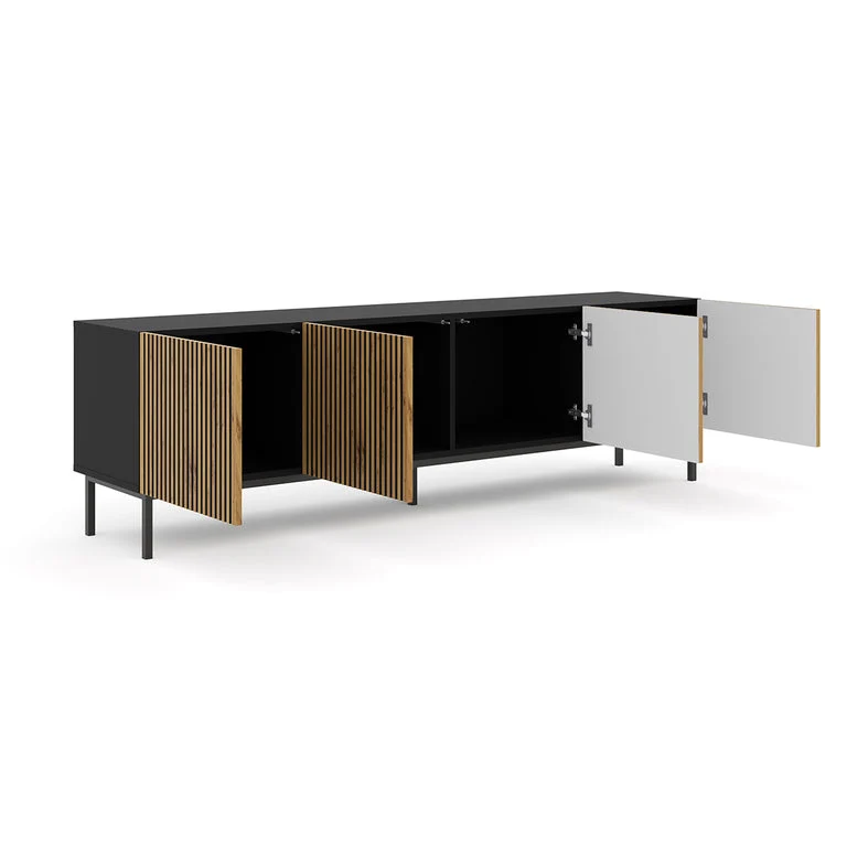 Meuble TV 4 portes 200 cm Philaé Bois et Noir