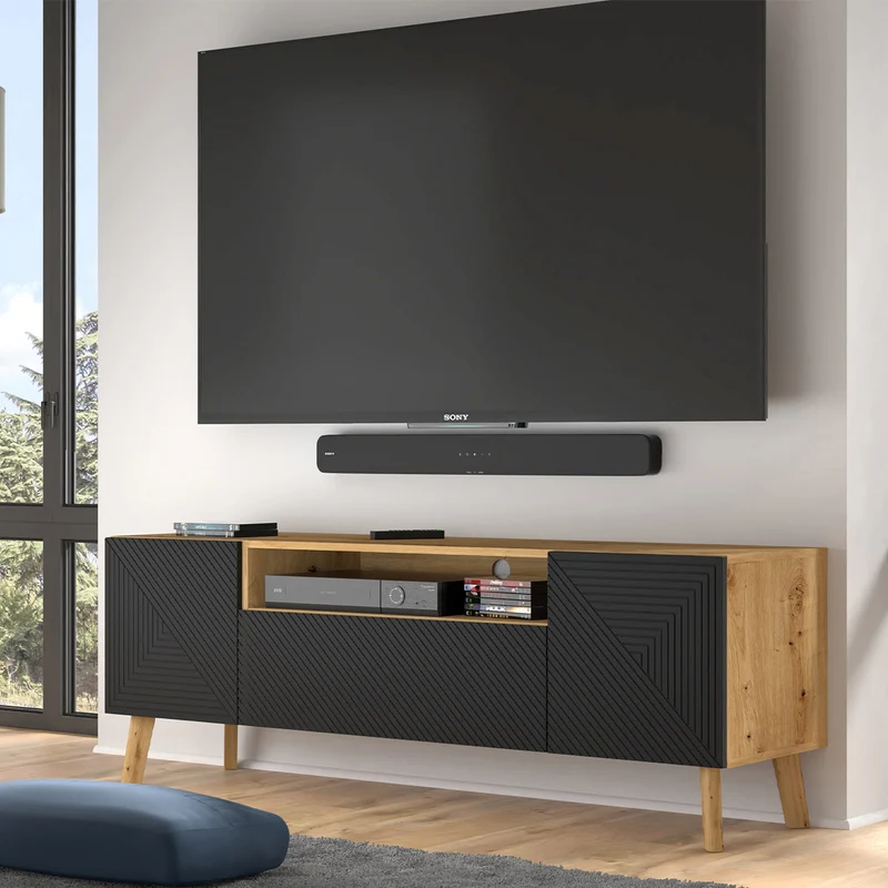 Meuble TV 3 portes 160 cm Nexa Bois et Noir