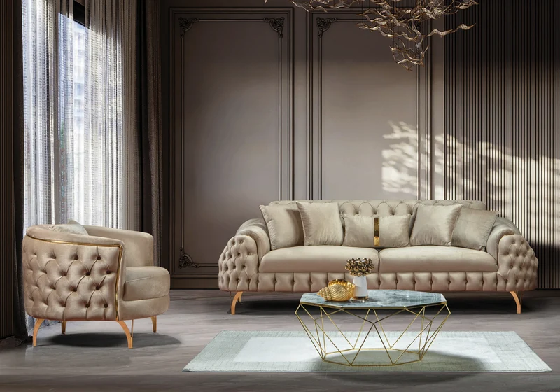 Canapé Turc Capitonné Velours Beige Doré – BELLA