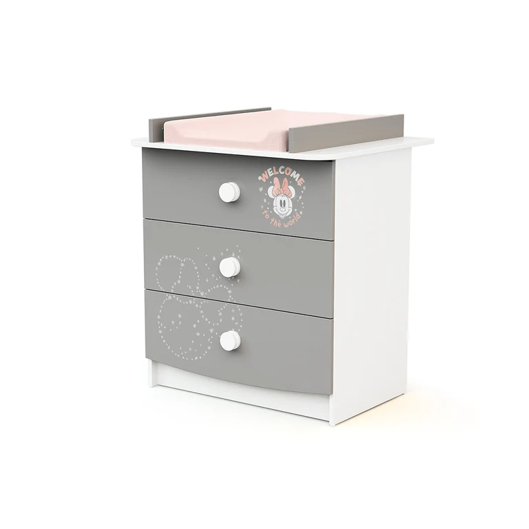 Commode 3 tiroirs avec plan à langer AT4 Disney Letters Minnie Gris et Blanc