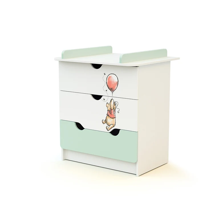 Commode 3 tiroirs avec plan à langer AT4 Disney Exploring Winnie Vert d'eau et Blanc