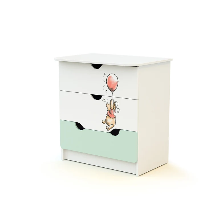 Commode 3 tiroirs avec plan à langer AT4 Disney Exploring Winnie Vert d'eau et Blanc