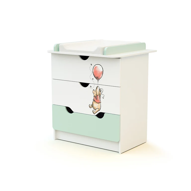 Commode 3 tiroirs avec plan à langer AT4 Disney Exploring Winnie Vert d'eau et Blanc