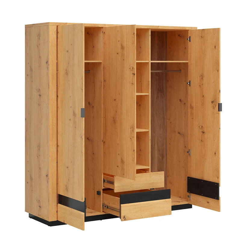 Armoire 3 portes 2 tiroirs avec LED Glenn Bois et Noir
