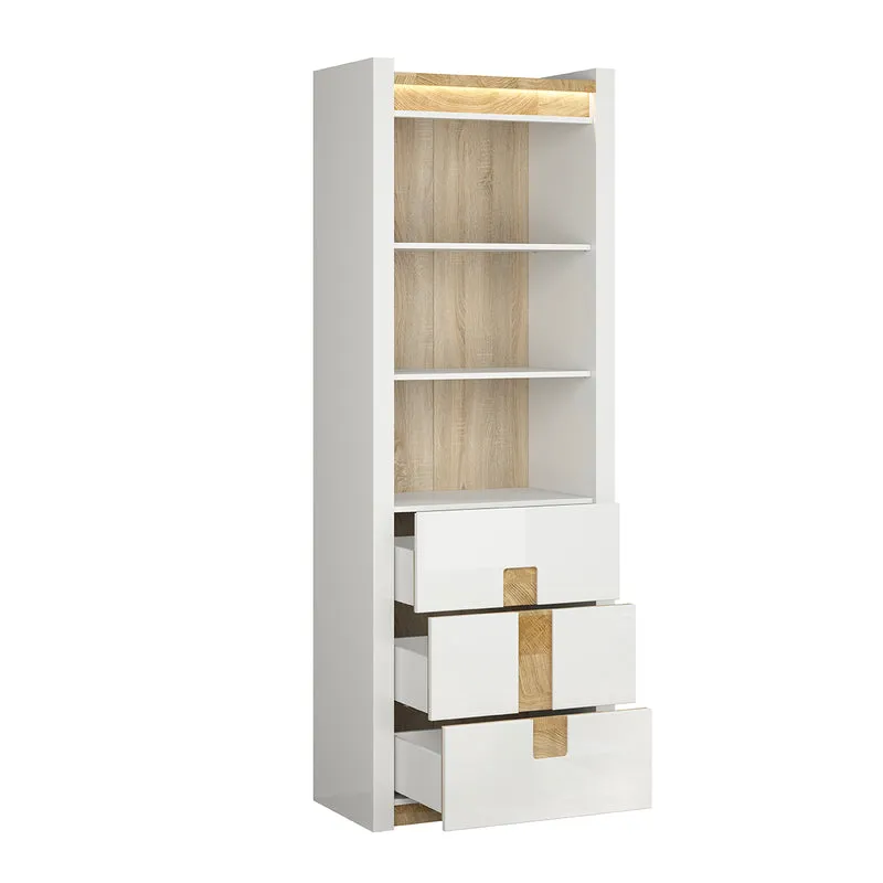 Bibliothèque 3 tiroirs avec LED Helios Blanc laqué et Bois